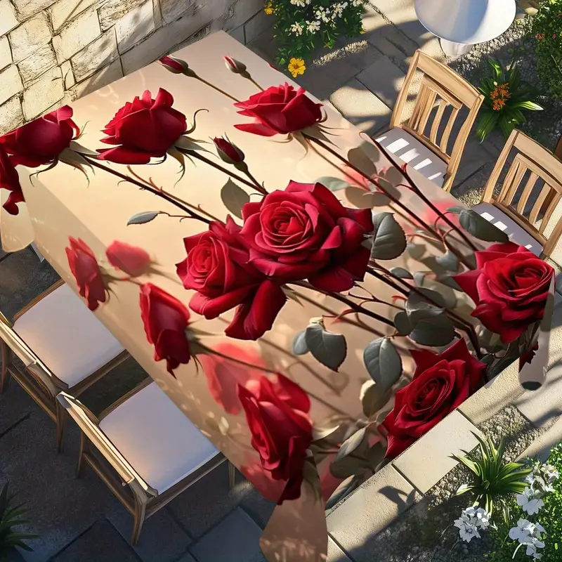 Rectangular Tablecloth with Vibrant Rose Design, Perfect for Indoor and Outdoor Use, Table Decor for Parties, Weddings, and Picnics, Washable Table Cover, Rectangle Tablecloth