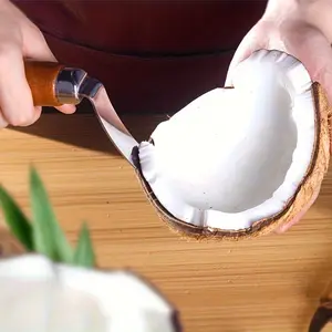 Ergonomic Wooden Handle Coconut Meat Remover, Stainless Steel Coconut Cutter, Efficient Fresh Coconut Shell Opening Kitchen Tool