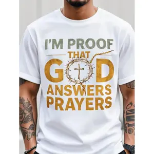 Mens Christian TShirt I Am the Proof of Gods Response to Prayer with Golden Crown Cross Lettering UltraSoft Breathable Fabric Ideal for Church Easter Christmas White and Black Crew Neck Short Sleeve