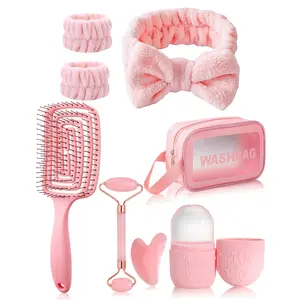 Women's Grooming Tool Set, 8-Piece Hair Care Kit, Hair Brush & Headband, Facial Beauty Scraper Roller Massager, Ice Pack Mold, Storage Bag