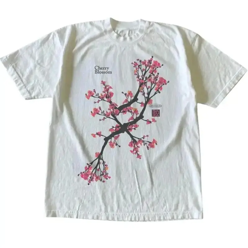 Men's 100% Cotton Premium Cherry Blossom Botanical Graphic Tshirt - Vintage Heavyweight Asian Sakura Tree Branch Crewneck Short Sleeve Top, Soft White Apparel for Birthday, Denim & Cardigans Pairing, Crimson, Grap