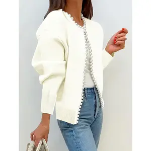 Plus Size Women’s Pearl-Embellished Short Cardigan – Stretch, No-Buckle Open-Front Long-Sleeve Sweater for Autumn/Winter, White, Suitable for Casual to Formal Wear, Ideal as a Winter Layering Piece, Sophisticated Texture