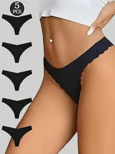 5pcs Women's Seamless Thong Panties, Low Waist Black Smooth Silky Invisible Underwear With Ruffled Trim, Basic Satin Sexy Thong, Thin Breathable G-String
