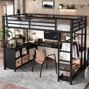 Eyisean Twin XL Loft Bed Frame with L Desk, Wardrobe, Twin XL Size loft Bed Metal with Storage Shelves for Adults, Bedroom