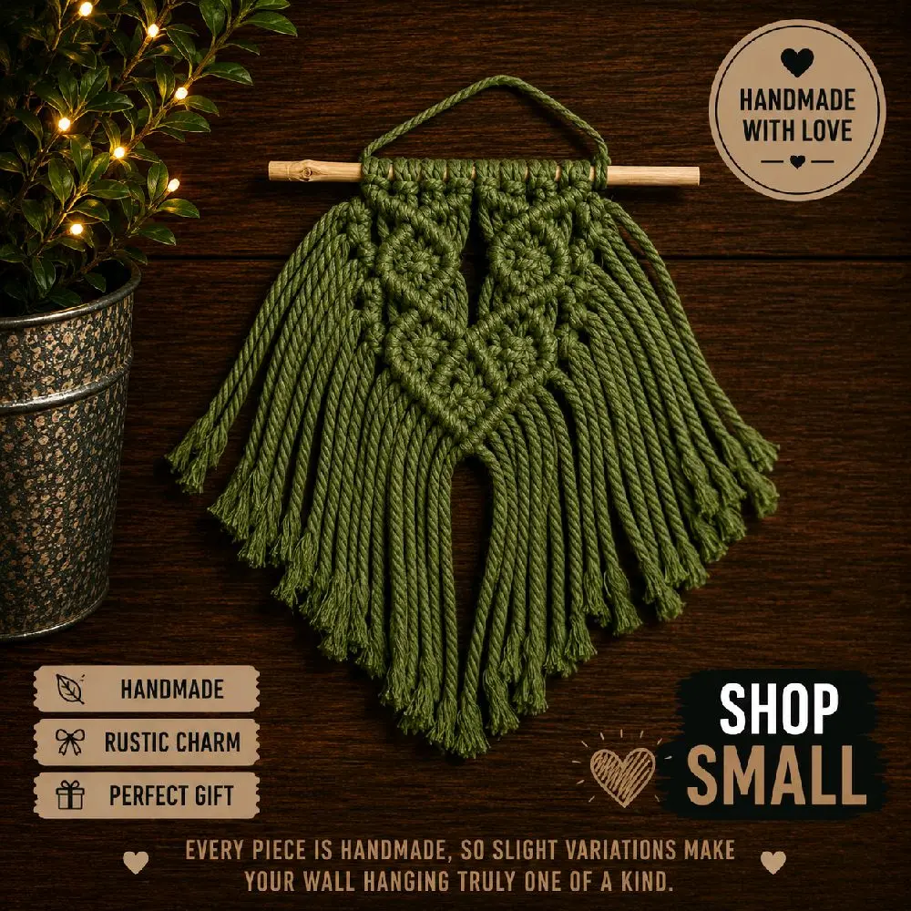 Handmade Olive Green Macramé Wall Hanging | Boho Woven Fiber Wall Decor | Rustic Home Décor | 10" x 7"