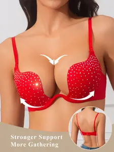 Sexy U-Shaped Bra with Rhinestones, Luxurious Small Breast Underwire Push Up, Steel Ring Lift, Large Size Underwear for Women