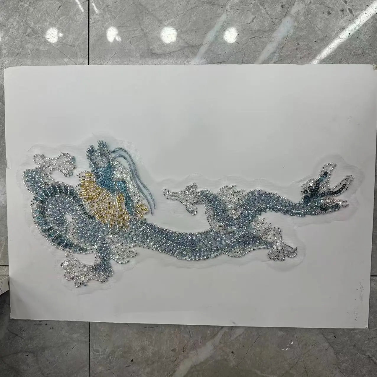 Silver Blue China Dragon Sequin Bead Embroidery Fabric Patch, Large Embroidered Patch, Clothing Accessories DIY Decoration, Embroidery Patches