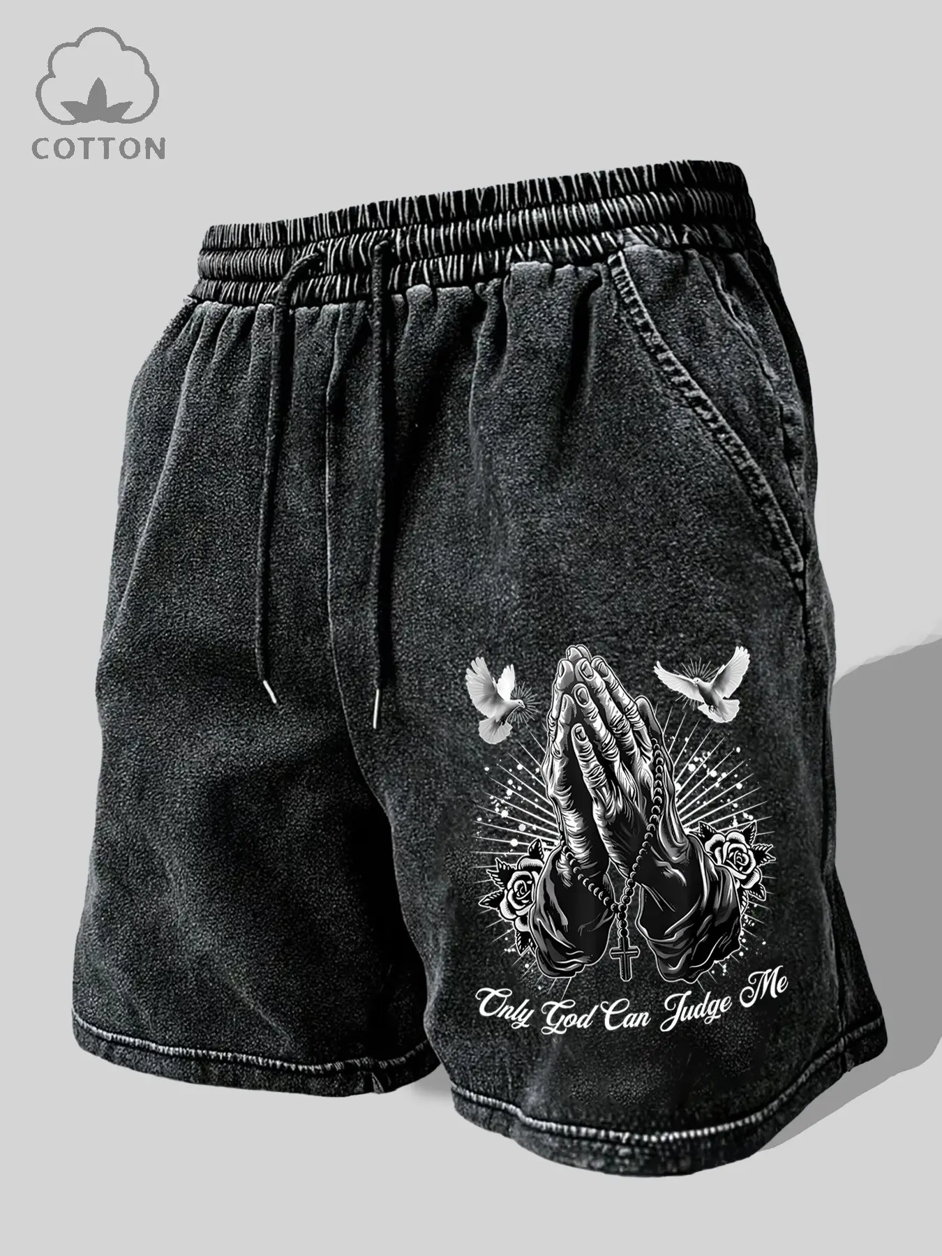 Men's Summer Fashion Cotton Graphic Shorts, Jesus Print, Drawstring Waist, Loose Fit, Soft Comfort, American Vintage Style, Casual Streetwear