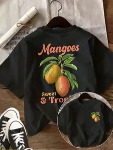 Unisex Round Neck T-Shirt, Tropical Mango Print Design, Casual Daily Wear, Fitted Short Sleeve, Graphic Pattern