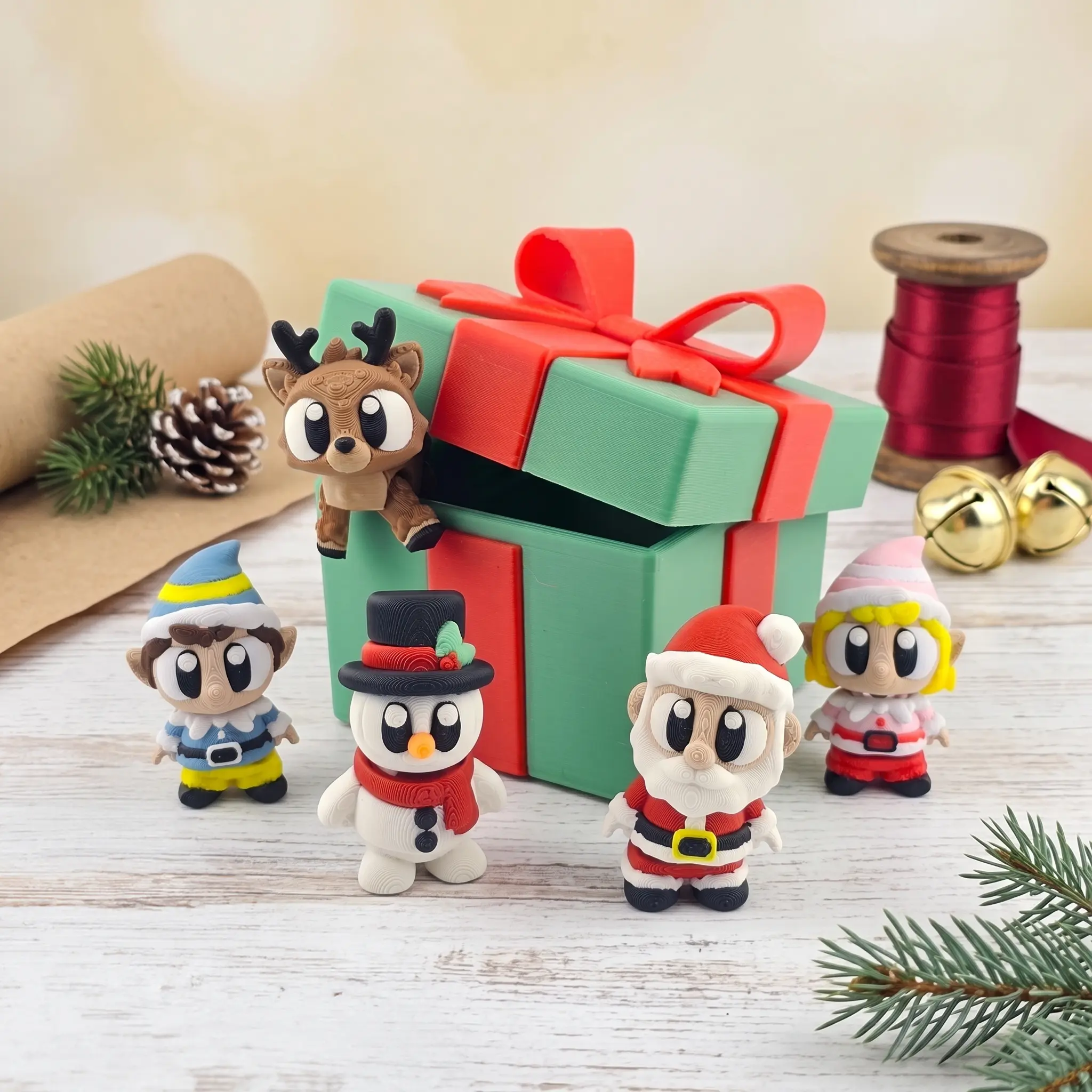 Holiday Helpers in a Present Mini Set - Christmas Figurines Pack - Unique 3D Printed Collectibles, Poseable Desk Decor for Adults, Stress Relief and Secret Santa Gift