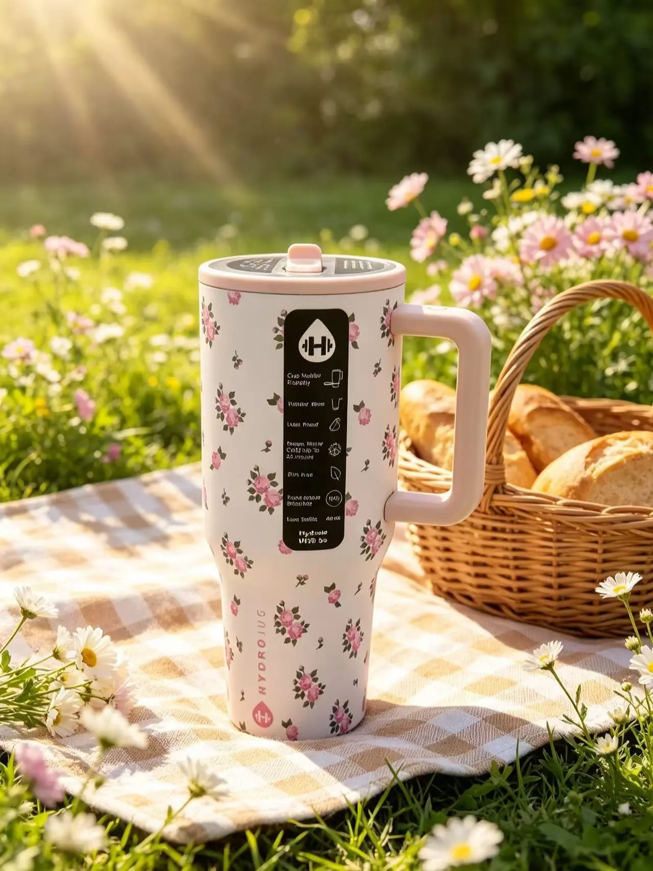40 oz Exquisite Pink Floral Insulated Stainless Steel Travel Water Bottle with Handle, Flip-Top Straw Lid, Reusable Portable Kitchenware Drinkware Tumbler  Cup Stylish Washable Mug Bottled