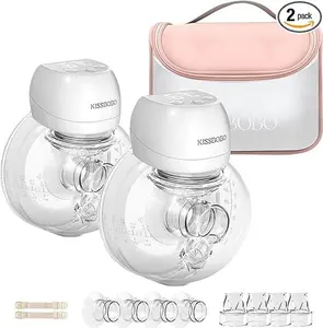 【KISSBOBO】ABP-1508 Hands Free Breast Pump Wearable with Storage Bag, Wearable Breastfeeding Pump Strong Suction, Low Noise, 3 Modes 9 Levels, with 21/24mm Insert/Flange, 2 Pack (White)