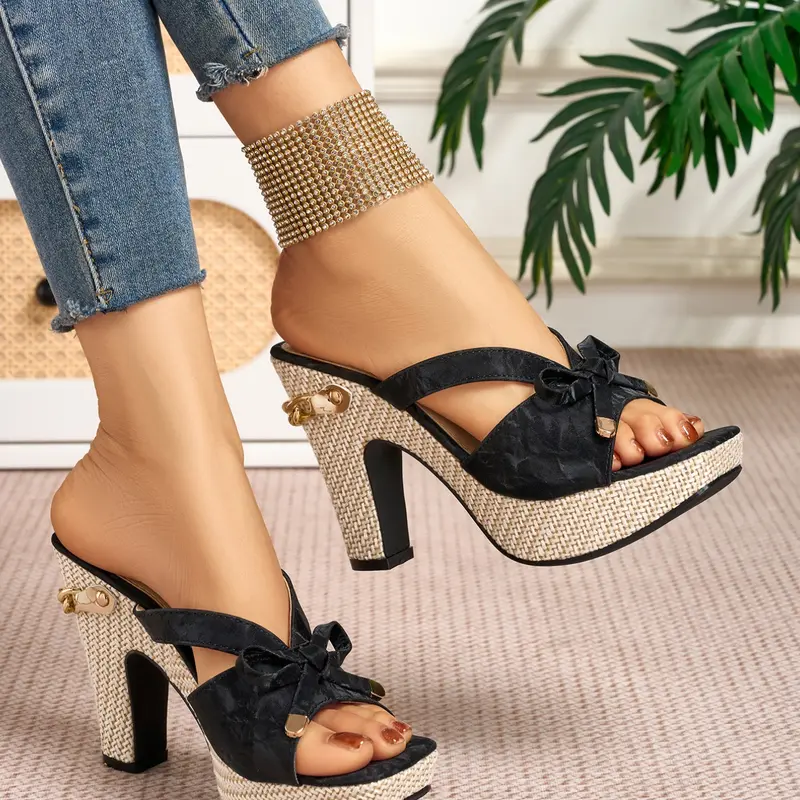 Elegant Women's Bowknot High Heel Sandals with Metal Chain, Square Toe, Artificial Leather, Cone Heel, All Seasons, Medium Width, Footwear, Summer Fashion Sandals