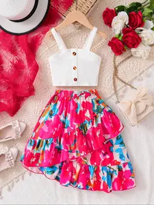 Girl's Crop Tank Top & Flower Print Skirt Two-piece Set Outfit, Cute Casual Sleeveless Top & Elastic Waist Skirt for Daily Wear, Kids Summer Clothes