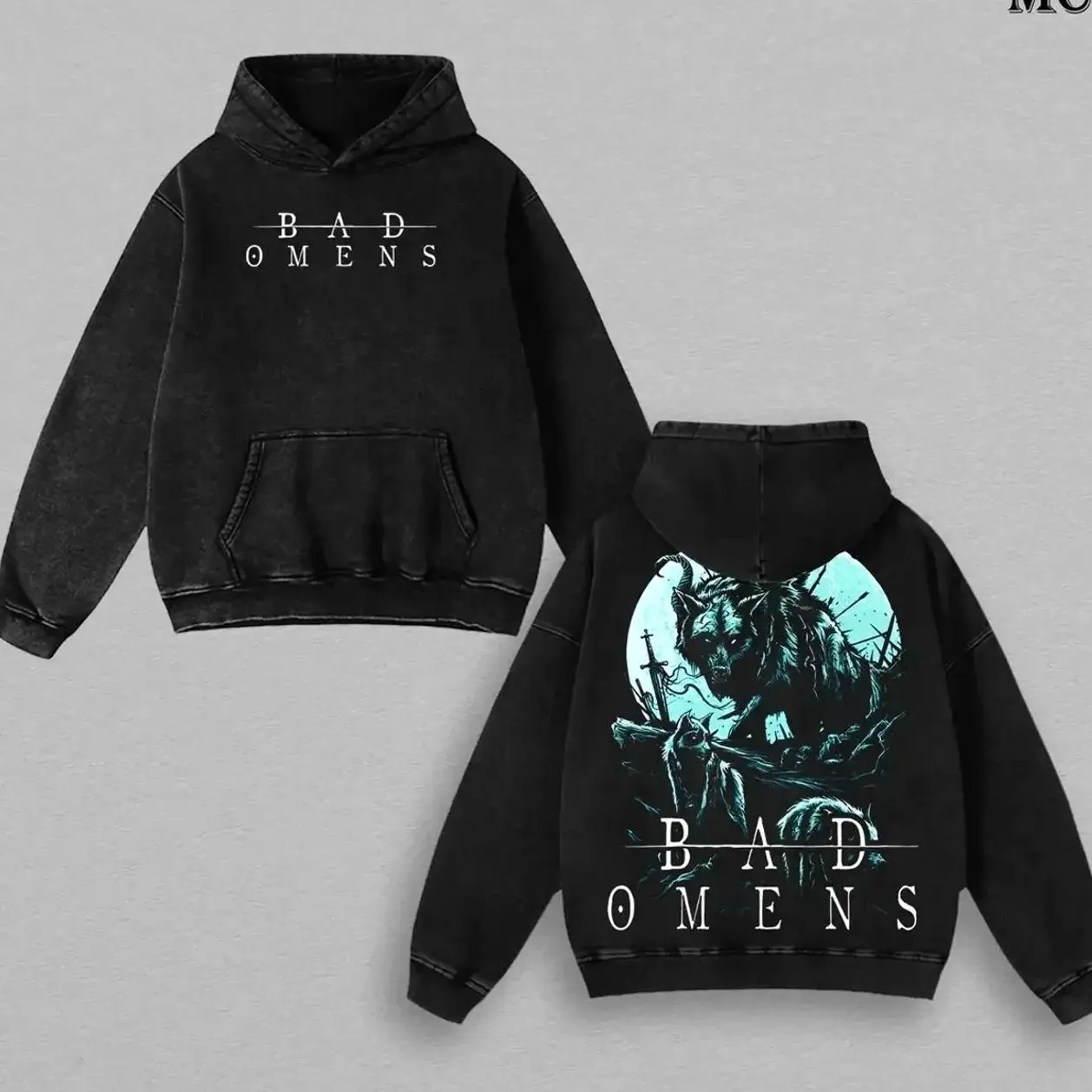 Bad Omens Moonlight Wolf Graphic Washed T-Shirt, Heavyweight Washed Hoodie, Sweatshirt Gothic Metalcore Fan Merchandise ES5 U56