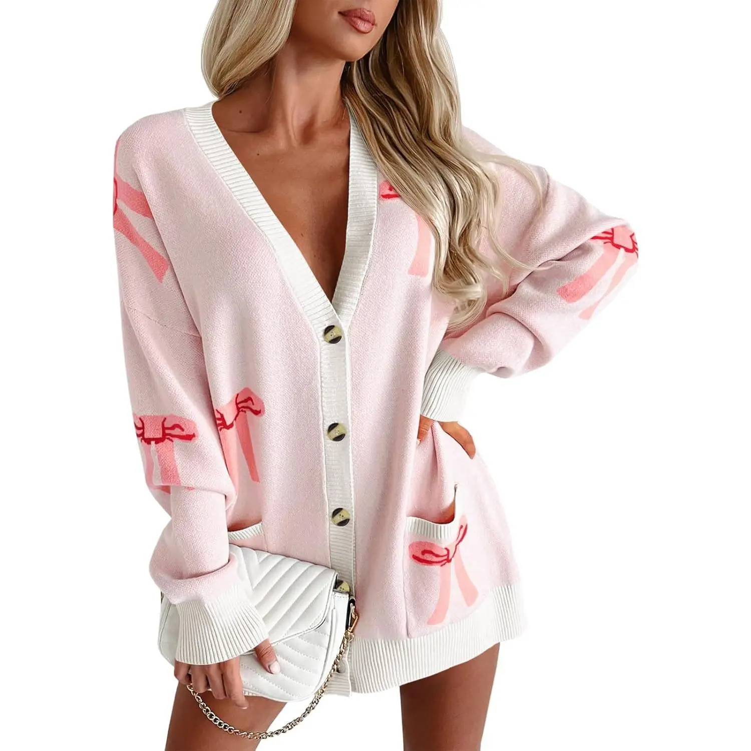 Danedvi Women's Baggy Knit Cardigan - Cute, Chic, Fashionable Style, Bow Print, Button-Front, V-Neck, Long Sleeve, Oversized Fall Outerwear