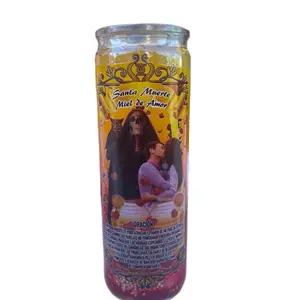 Santa Muerte Miel de Amor Candle with Golden Label and Heart Design for Love and Protection