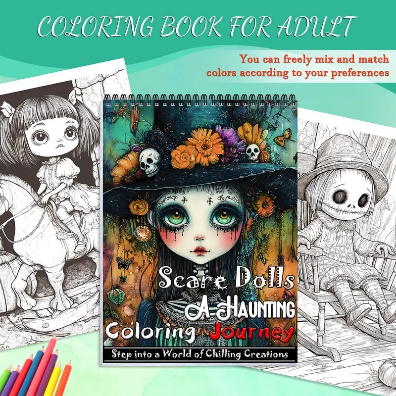 Horror Doll Themed Coloring Book, Spiral Binding, 24 Pages Thick A4 Paper, Unique Designs and Patterns for Halloween Gifts and Enthusiasts, Perfect for Parties & Celebrations