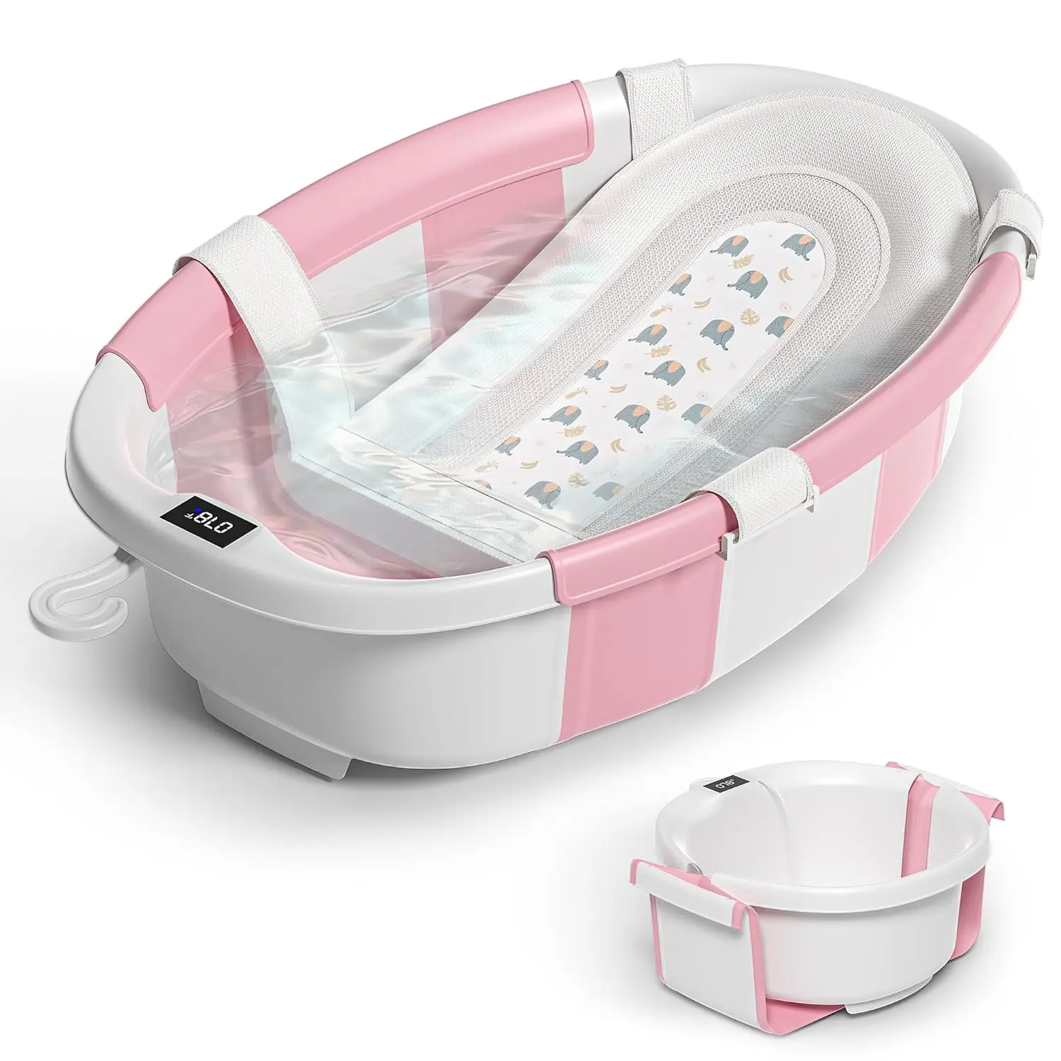 MOREFEEL Collapsible Baby Bathtub for 0-36 Months Newborns & Toddlers, Spacious Foldable Infant Tub with Thermometer, Cushion, Drain Hole, Portable Travel Design, Pink Baby Shower Gift
