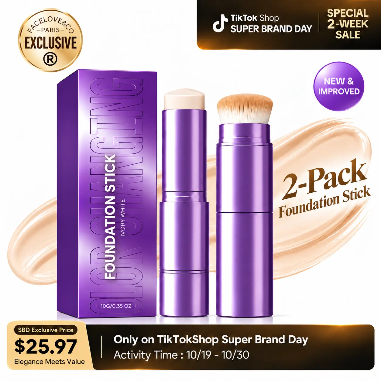 2026New Facelove Foundation Stick (2 Pack) 2-in-1 Color Changing Foundation Stick with Brush, Moisturizing Long-Lasting Makeup for All Skin Types