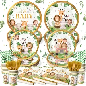 144 Pcs Safari Baby Shower Tableware Set (Serves 24 Guests) Includes Plates Napkins Cups Straws Forks Jungle Safari Theme Baby Shower Party Supplies Decorations