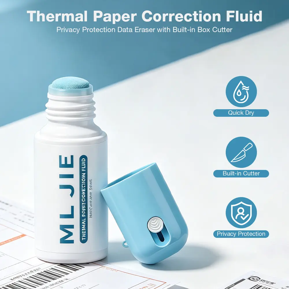 ML JIE Office Correction Fluid Set, 2-Pack 50ml Portable Office Correction Tool with Built-In Paper Cutter, Leak-Proof, Quick-Dry, Ink-Erasing, Thermal Paper Privacy Protection, for Business Travelers