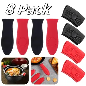 8 Pack Silicone Hot Handle Holder, Potholder for Pans, Griddles, Skillets, Silicone Assist Handle Holder, Non-Slip Pot Holder Sleeve, Heat Resistant Potholder Cookware Handle, Hot Pot Grip Handle Cover Sleeve Grip (Red & Black)