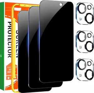3 Pack Privacy Screen Protector for iPhone 15 Tempered Glass with 3 Camera Lens Protector, Accessories 9H Anti Spy, 2.5D Curved, Case Friendly, Transparent