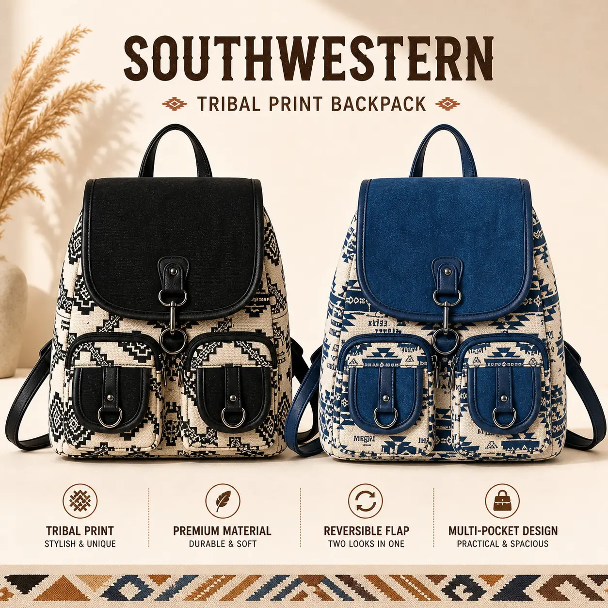 Southwestern Boho Backpack for Women – Aesthetic Aztec Print Canvas & PU Leather Rucksack, Multiple Pockets, Vintage Western Style School Travel Bag