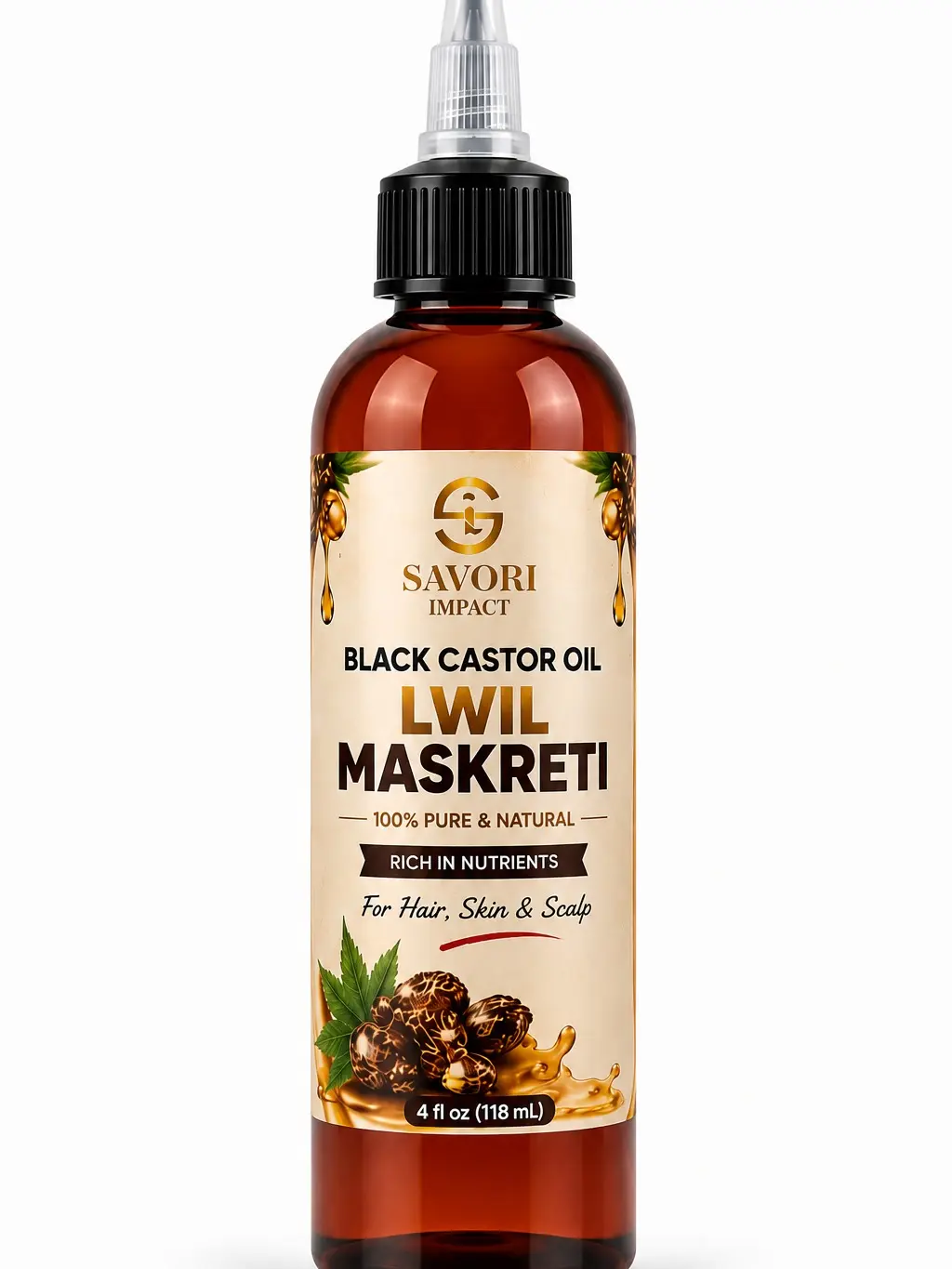 Haitian Black Castor Oil - Lwil Maskreti - 100% Pure & Natural - Traditionally Roasted - For Hair Growth, Skin & Scalp - 4 fl oz -
