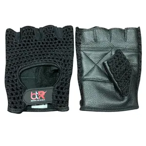 Cowhide Leather Fingerless Chauffeur Driving Mesh Net Gloves Black