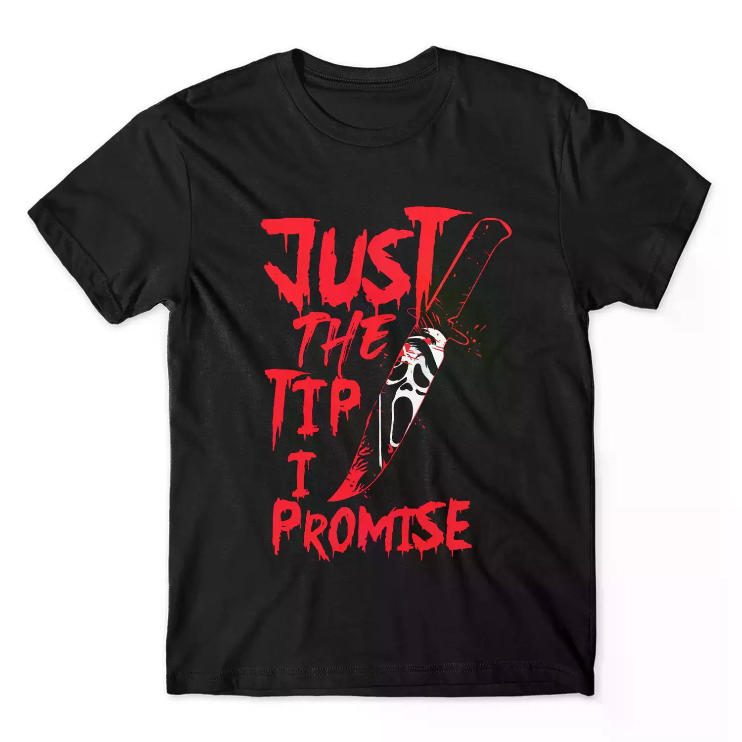 Premium Combed Cotton Boxy Fit 2026 NewJust the tip i promise Ghostface Scream shirt, Ghostface merch, Ghostface Knife shirt, Horror Movie character shirt, Horror Movie merch Cotton Menswear horror movie Soft Top CollClean Girl & Boy Unisex T-shirts M-5XL