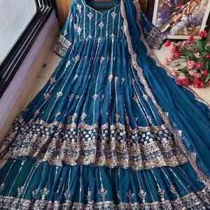 NEW ARRIVAL GEORGETTE EMBROIDERY SEQUENCE TOP SHARARA WITH DUPATTA TEAL Womenswear