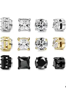 Zirconia Magnetic Stud Earrings Set, 4 Pcs Non Piercing Earrings No Piercing Required, Unisex Street Style Cool Fashion Jewelry, Classic Urban Look