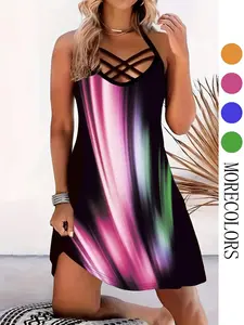 Plus Size Colorful Print Criss Cross Cami Dress, Fashion Spaghetti Strap Sleeveless Graphic Dress, Bohemian Dress, Women Plus Size Clothing for Summer, Casual Wear