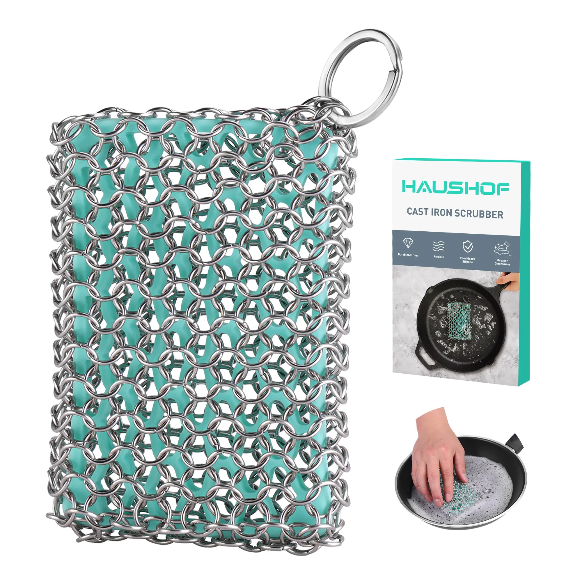 #fathersdaygift HAUSHOF Cast Iron Scrubber, Chainmail Scrubber with Silicone Core, Premium Cast Iron Cleaner for Skillet, Pan, Dutch Oven