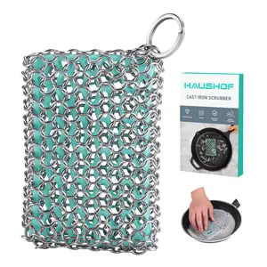 #fathersdaygift HAUSHOF Cast Iron Scrubber, Chainmail Scrubber with Silicone Core, Premium Cast Iron Cleaner for Skillet, Pan, Dutch Oven
