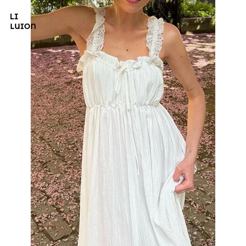 Women's Loose Sleeveless White Long Skirt For Lady Seaside Vacation