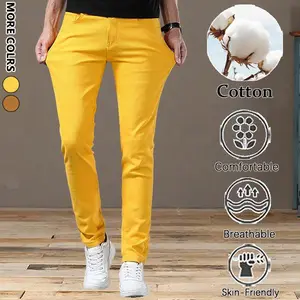 Men's Bright Yellow Cotton Pants, Slim Fit Breathable Skin-Friendly Casual Bottoms