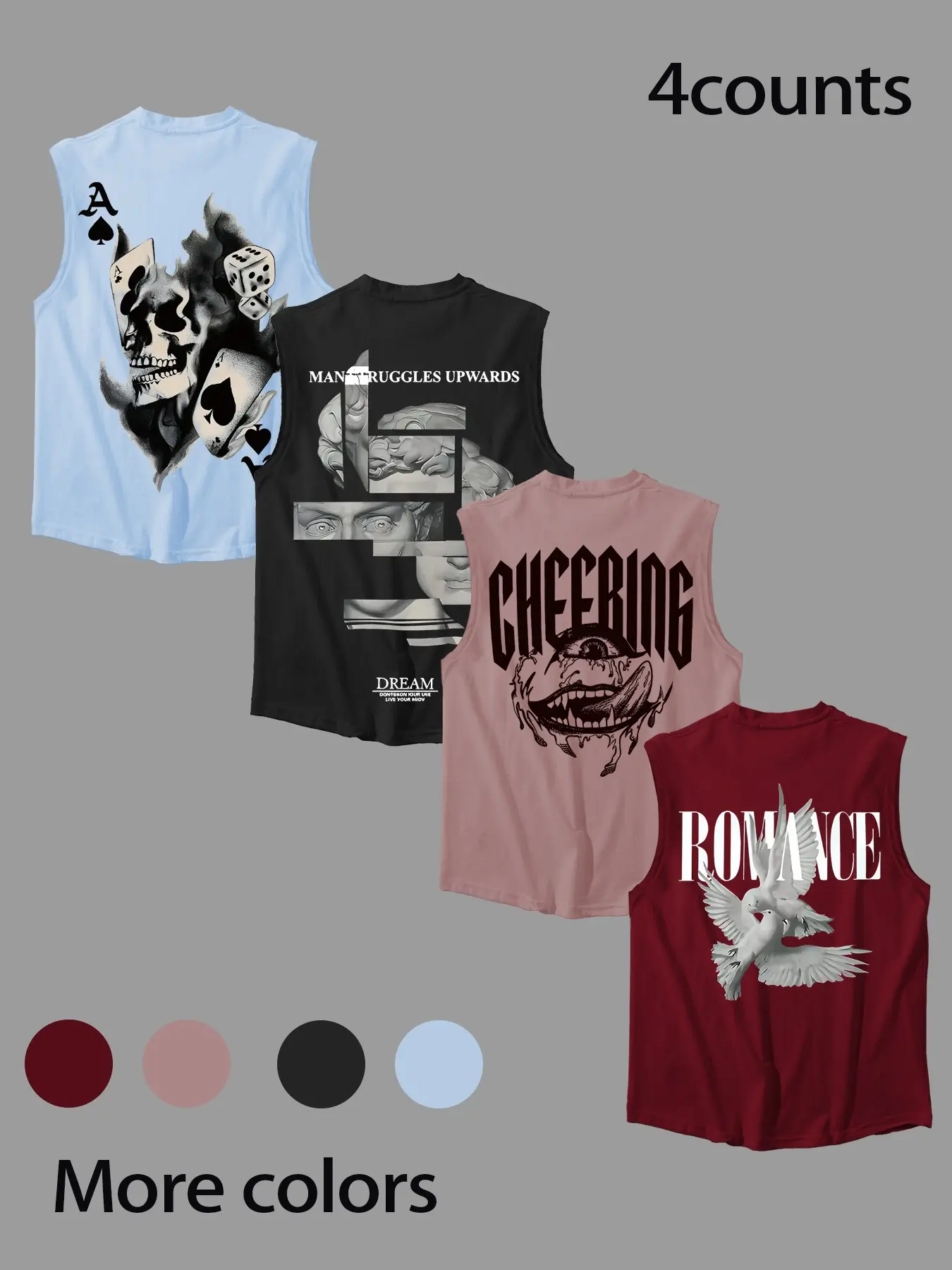 Streetwear Graphic Tank Tops for Men, Vintage Grunge Sleeveless Muscle Shirts, Y2K Aesthetic Skull & Statue Print Tee, Casual Summer Festival Outfits, 4-Pack Multi-Color High-Street Style, Streetwear Tank Vest