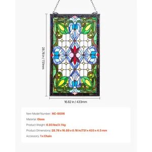 VEVOR Stained Glass Window Panel, 17x 29 in, Tiffany Style Hanging Transom Window Panel with Chain, Large Vertical Rectangle Stain Glass, Vintage Traditional Art Handcrafts for Kitchen Home Decor