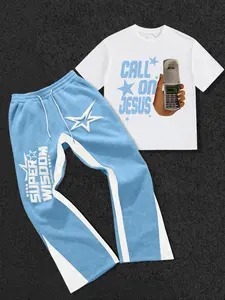 The men's two-piece set includes a T-shirt with stars, letters, and a graphic print, and a pair of Pants; a crew neck short-sleeved T-shirt and slim-fit trousers; knitted fabric; suitable for everyday wear and all seasons.