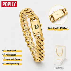 14K Gold-Plated 26-Letter A-Z Cuban Link Bracelet (Unisex), 14mm Miami Hip-Hop Style Chunk Chain, Fade-Resistant and Rust-Proof Jewelry, Perfect for Father's Day, Graduation, Birthdays, and Anniversaries