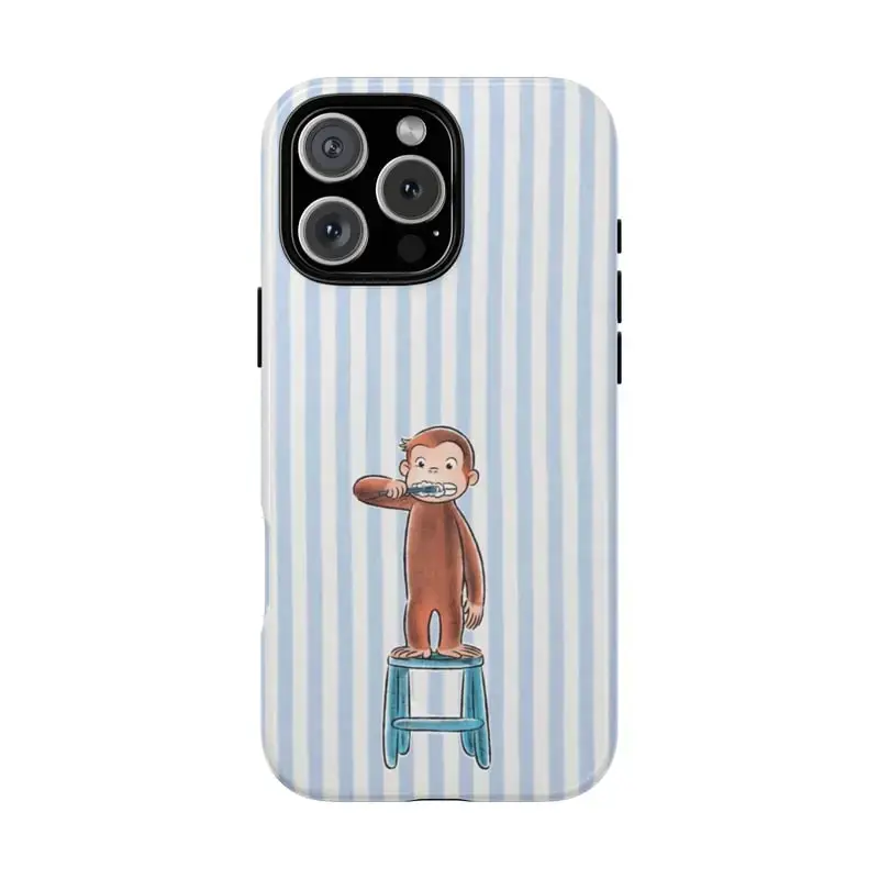 Cute Curious George Brushing Teeth Smartphone Case - Minimalist Striped Protective Cover for iPhone 11-16 Pro Max, Samsung Galaxy Handheld Cellphone Devices, Shockproof Drop-Resistant PC & Silicone Accessories, Protector