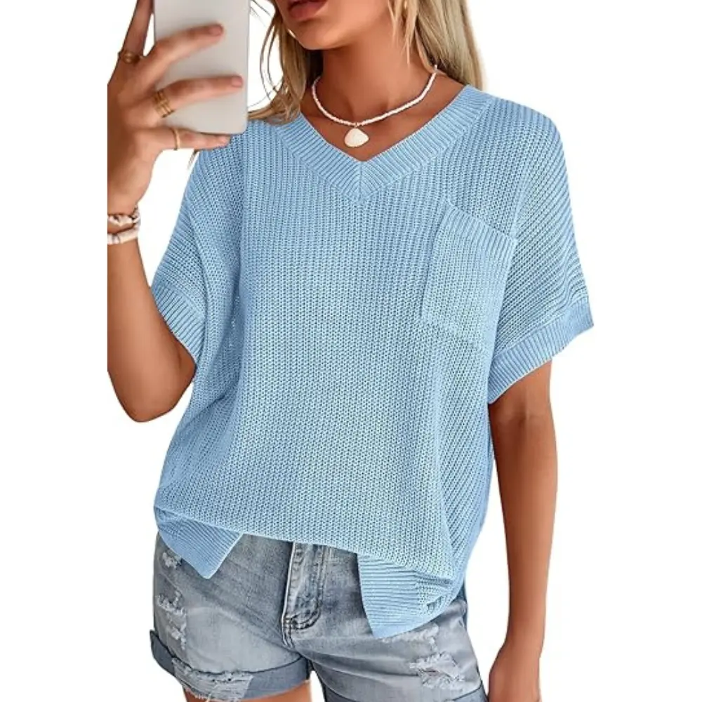 PRETTYGARDEN Women's Spring Short Sleeve Sweaters Lightweight V Neck Casual Going Out Summer Tops Beach Vacation Clothes