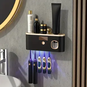 Smart toothbrush disinfection storage rack, with automatic toothpaste dispenser - wall-mounted without drilling holes, 5-slot storage, durable plastic, USB rechargeable, modern bathroom organization and home decoration
