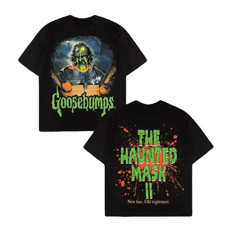 Goosebumps Graphic Tee, The Haunted Mask II Back Print Shirt, RL Stine 90s Vintage Book Cover T-Shirt, Spooky Nostalgia Horror Fan Gift, Halloween Pumpkin Cinema Merch, Retro Slime Green Wash Streetwear