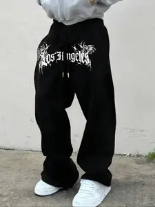 Men's Casual Sporty Long Pants, Los Angeles Angels Pattern Print, Drawstring Wide Leg, Loose-Fitting, All Seasons Wear, Letter Print Sweatpants