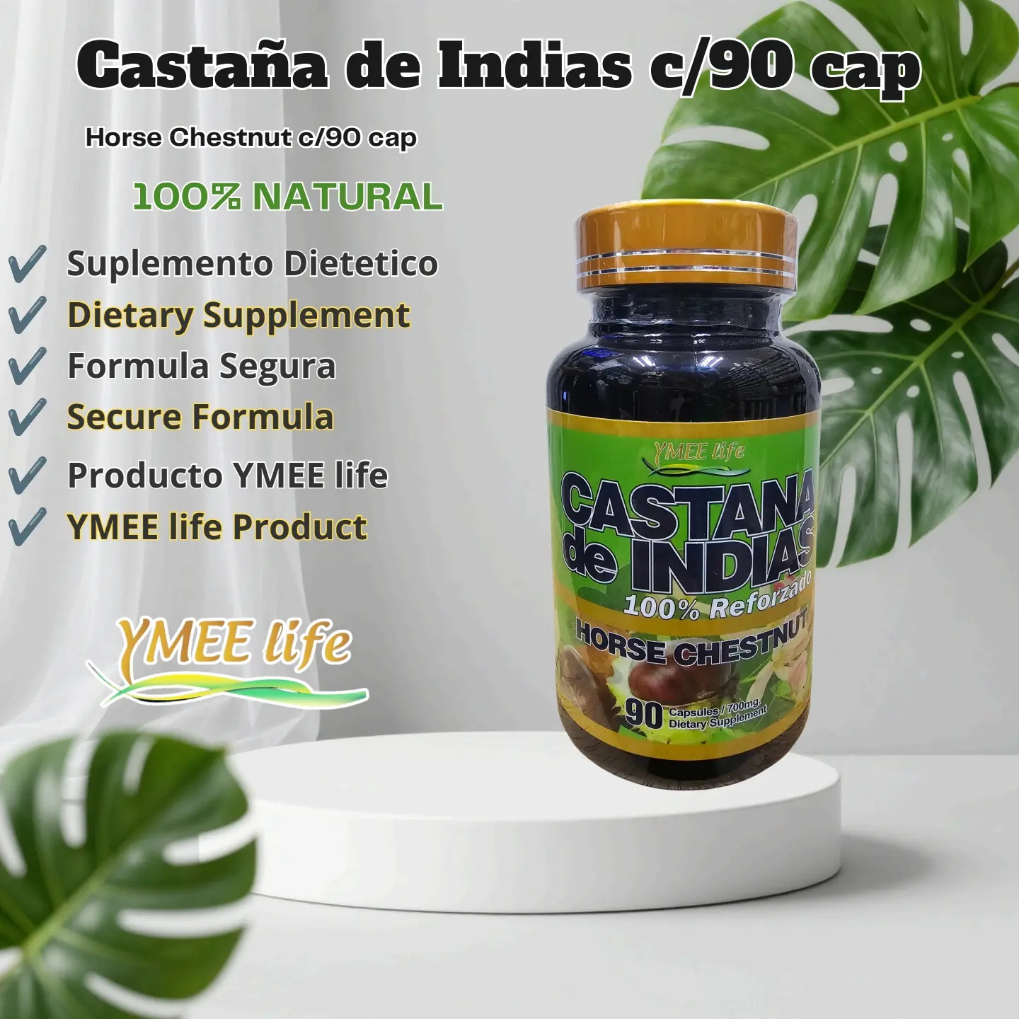 Castaño de Indias Premium Herbal Supplement Capsules - 90 Count, 100% Reinforced Edible Formula, Herbal Ingredients Vitamins Supplements, Medicinal Properties for Cardiovascular Health & Improved Circulation, Premium Herbal Supplements, Natural