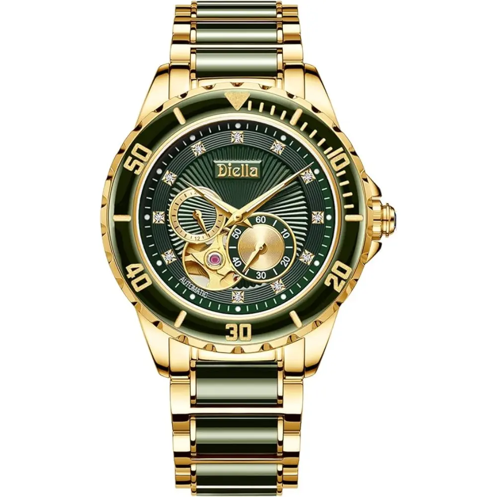 Diella Men's Automatic Mechanical Wrist Watches, Luxury Skeleton Watches for Men with Black Green Jade & Steel Strap